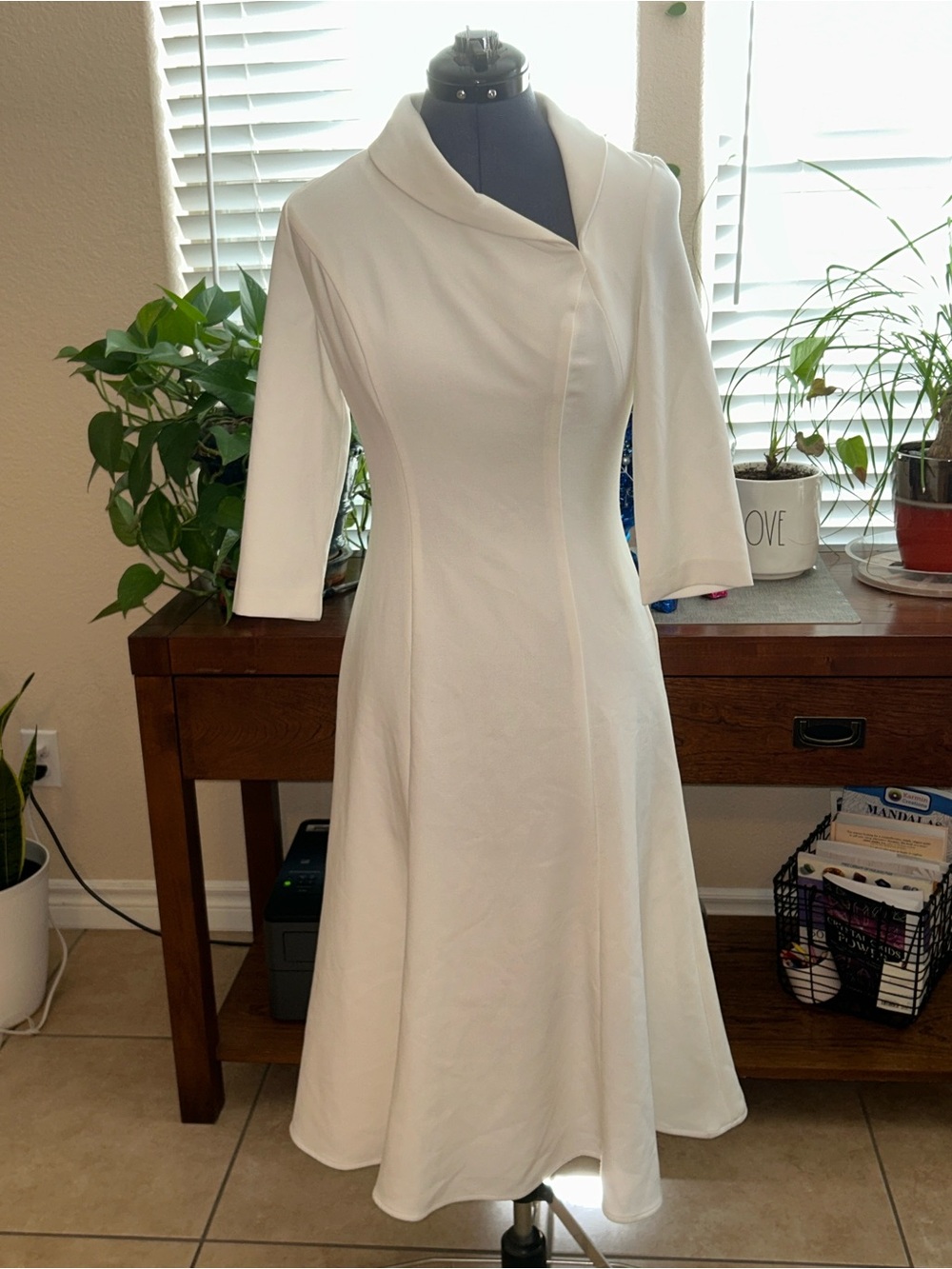 Black Halo White Long-Sleeve A-Line Dress